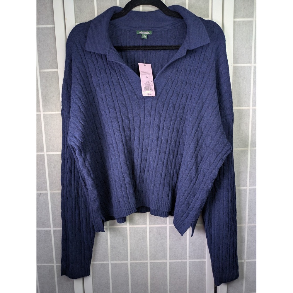 Wild Fable Women's Polo Sweater XL NWT Navy Blue Cable Knit Preppy Long Sleeve